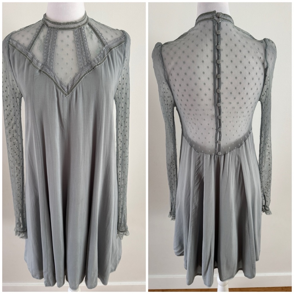 Kimchi Blue Sheer Dot-Trim Mini Dress in Dusty Gray